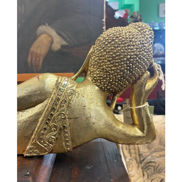 Gold Hand Carved Reclining Buddha Giltwood For Sale - Image 8 of 9
