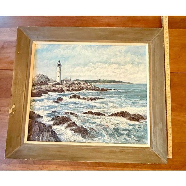 Vintage Framed Oil on Canvas Painting - Portland Head Lighthouse, Maine Rocky Coastline Seascape Signed For Sale - Image 11 of 12