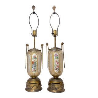 Pair of Large Antique Moser Bronze Mounted Cut to Clear Gilt Glass Table Lamps For Sale