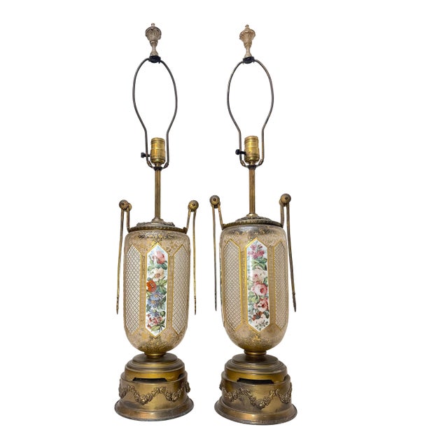 Pair of Large Antique Moser Bronze Mounted Cut to Clear Gilt Glass Table Lamps For Sale