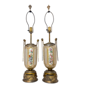 Pair of Large Antique Moser Bronze Mounted Cut to Clear Gilt Glass Table Lamps