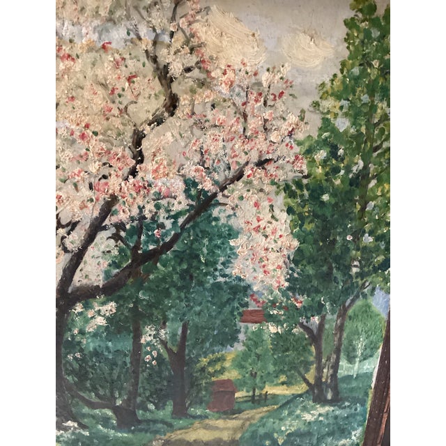 Bronze Set of Two Matching Vintage 1950s Landscape Dogwood Paintings, Framed For Sale - Image 8 of 11