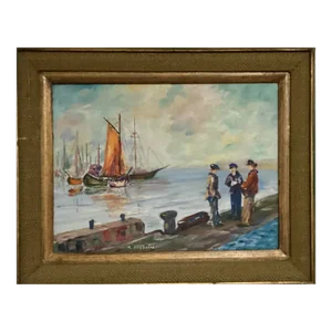 1970 Original Oil Painting, Titled “Bavardage Entre 3 Pecheures” by the Artist, Maurice Geogoire, a Harbor Scene With Fisherman and a Lovely Harbor.