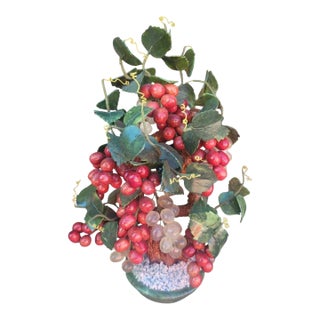 Vintage Chinese Chinoiserie Hand Carved Hard Stone Grape Jade, Jasper Bonsai Tree Sculpture Tree For Sale