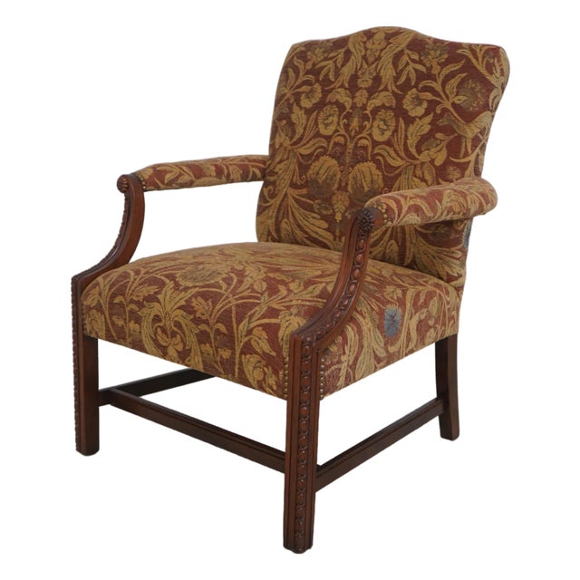 Chippendale Newly Upholstered Damask Print Open Arm Library Chair For Sale