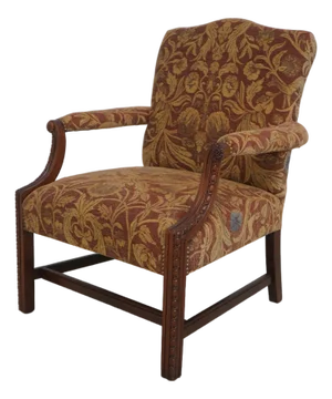 Chippendale Newly Upholstered Damask Print Open Arm Library Chair