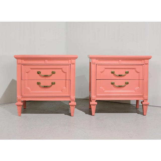 1970s Transitional Pair of Nightstands in Coral Pink - Newly Painted For Sale - Image 4 of 12