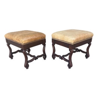Hancock & Moore Leather Ottoman Stools Benches Walnut French Spanish Style a Pair For Sale