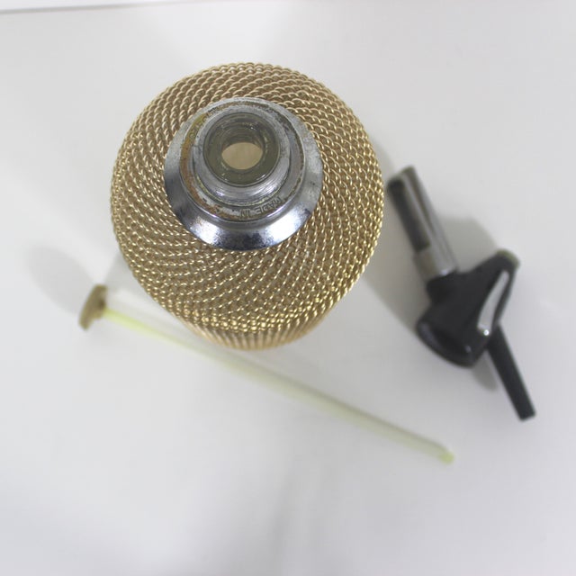 Mid Century Modern Seltzer Bottle With Gold Metal Mesh Casing Made in Czechoslovakia Bar Cart Styling Mixologist For Sale - Image 4 of 9