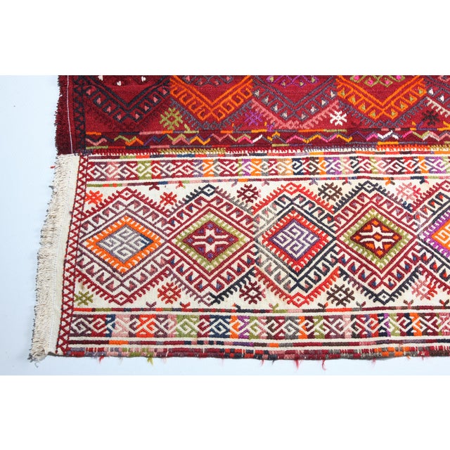 Burnt Orange Vintage Fine-Work Cicim Kilim With Diamond Motifs – Handwoven Anatolian Tribal Textile - 4' X 4' 7'' For Sale - Image 8 of 11