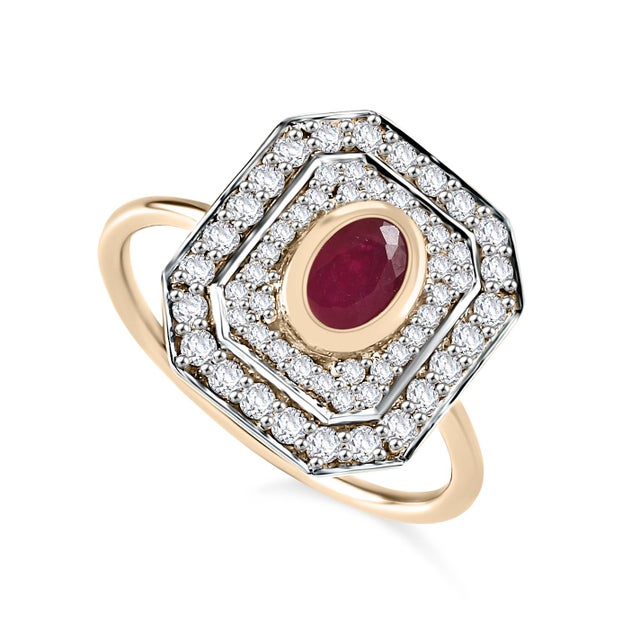 Contemporary Art Deco Ruby Halo Diamond Ring in 14k Gold Size 7 For Sale - Image 3 of 12