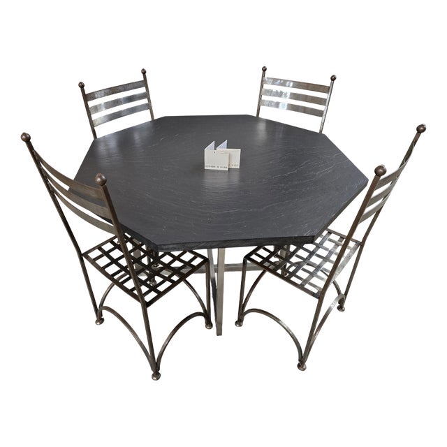 French Minimalist Dining Chairs and Slate Table, 1978, Set of 5 For Sale
