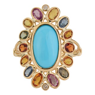 14k Yellow Gold 6.68ct Oval Turquoise Cocktail Ring Size 4 With Sapphire & Diamond For Sale