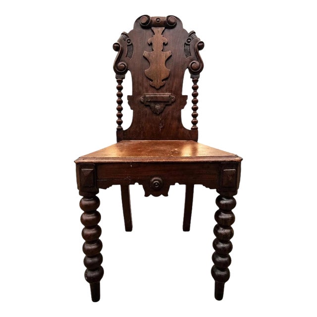 Late Victorian Carved Oak Hall Chair with Barley Twist Legs, 1890 For Sale