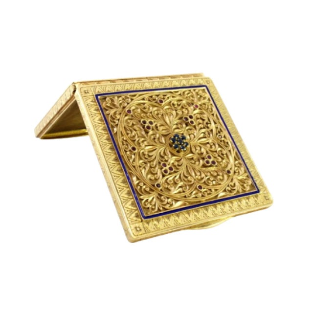 Gold Toiletry Box with Geometric Relief Figures, Enamelled Panel, Chiseled Casing with Cutouts, Mirror and Powder Puff Net For Sale - Image 14 of 14