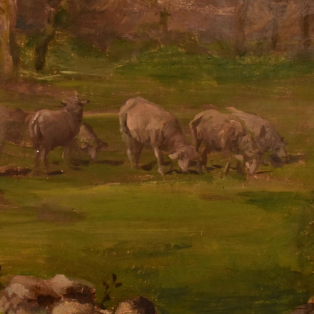 Charles Jean Auguste Escudier, Landscape with Shepherdess and Dog, 1895, Oil on Canvas, Framed For Sale - Image 6 of 11