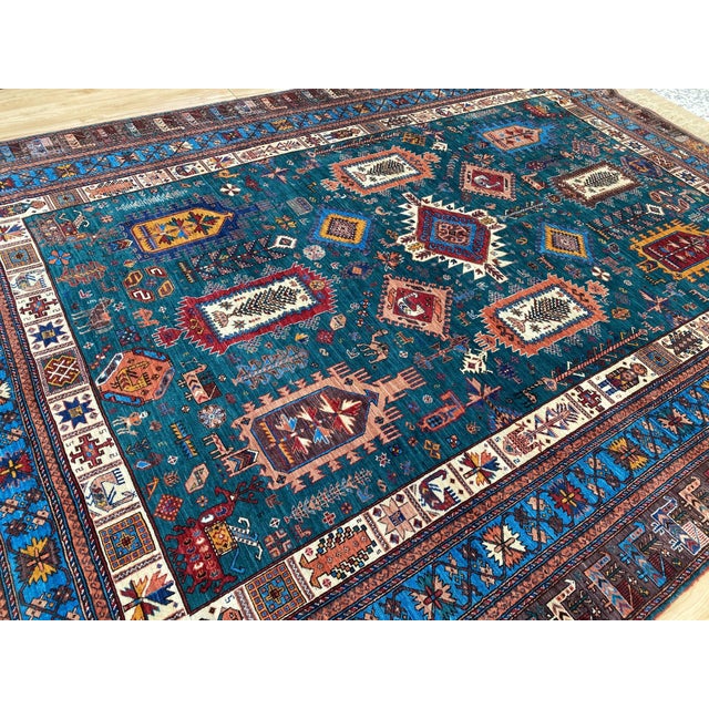 Vintage Teal Wool Kazak-Style Tribal Rug 9 X 13 For Sale - Image 12 of 17
