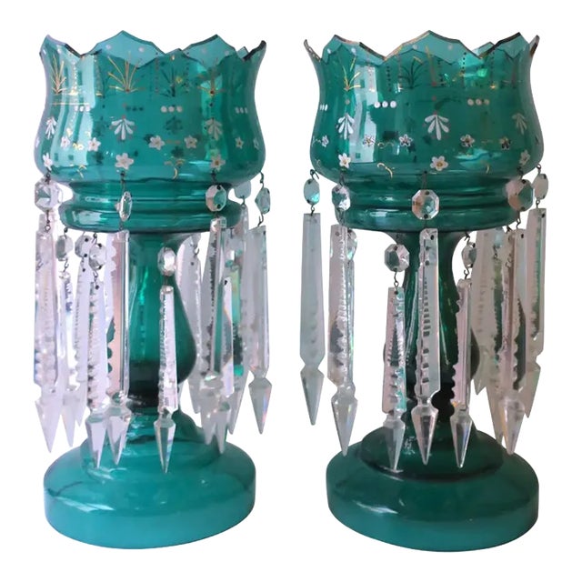 Emerald Green Bohemian Glass and Crystal Lusters Pair, Circa 19th C For Sale