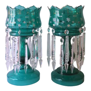 Emerald Green Bohemian Glass and Crystal Lusters Pair, Circa 19th C