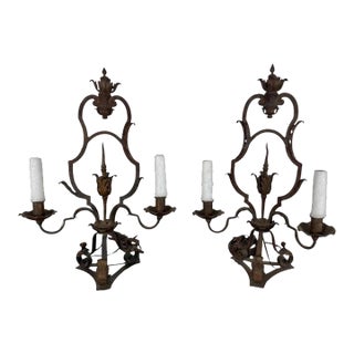 Pair of Hand-Forged Wrought Iron Lamps, Spanish Revival Style, Spain For Sale