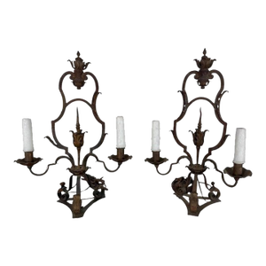 Pair of Hand-Forged Wrought Iron Lamps, Spanish Revival Style, Spain
