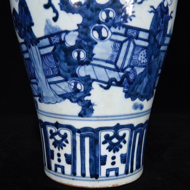 Ceramic Vintage Blue and White Porcelain Meiping Vase With Figural Garden Scene For Sale - Image 7 of 9