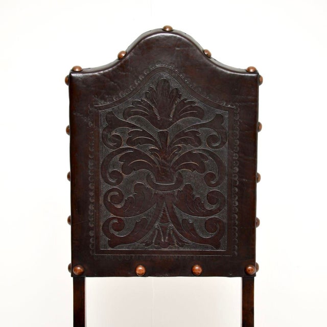Brown Antique Portuguese Embossed Leather and Walnut Dining Chairs, 1880, Set of 6 For Sale - Image 8 of 11