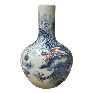 Oriental Blue Red Dragon Graphic Fat Body White Porcelain Art Vase For Sale