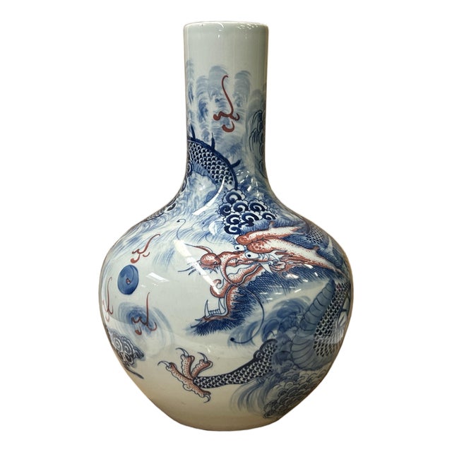 Oriental Blue Red Dragon Graphic Fat Body White Porcelain Art Vase For Sale