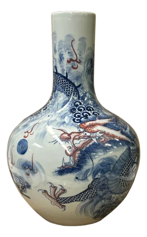 Oriental Blue Red Dragon Graphic Fat Body White Porcelain Art Vase