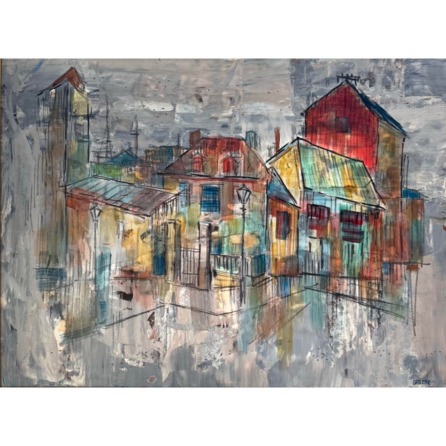 A vibrant mid-century modern abstract urban landscape, signed Greene at the lower right. Painted on board with expressive...