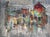 A vibrant mid-century modern abstract urban landscape, signed Greene at the lower right. Painted on board with expressive...
