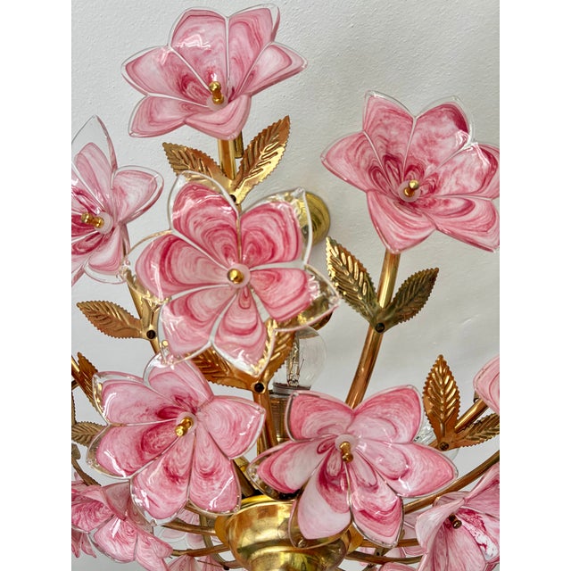 Vintage Murano Glass Floral Chandelier – Rare Deep Pink Flowers, Flush Mount For Sale - Image 12 of 18