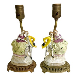 Vintage French Porcelain Courting Couple Boudoir Table Lamps With Ormolu Bases – Rococo Style - a Pair For Sale