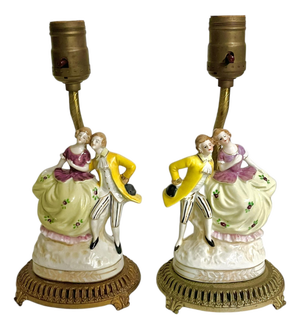 Vintage French Porcelain Courting Couple Boudoir Table Lamps With Ormolu Bases – Rococo Style - a Pair