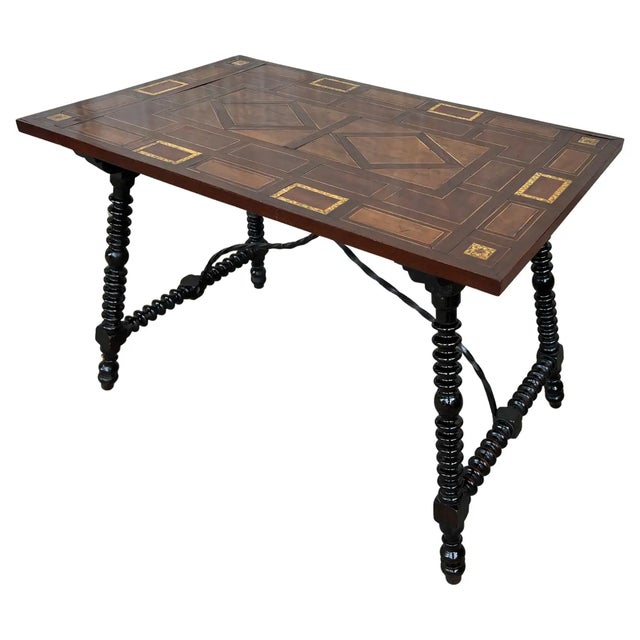 19th Century Baroque Spanish Side Table With Marquetry Top and Iron Stretcher For Sale - Image 13 of 13