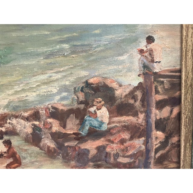 1950s Vintage Coastal Seascape Oil Painting – Children Playing by the Shore-Locueso For Sale - Image 5 of 8
