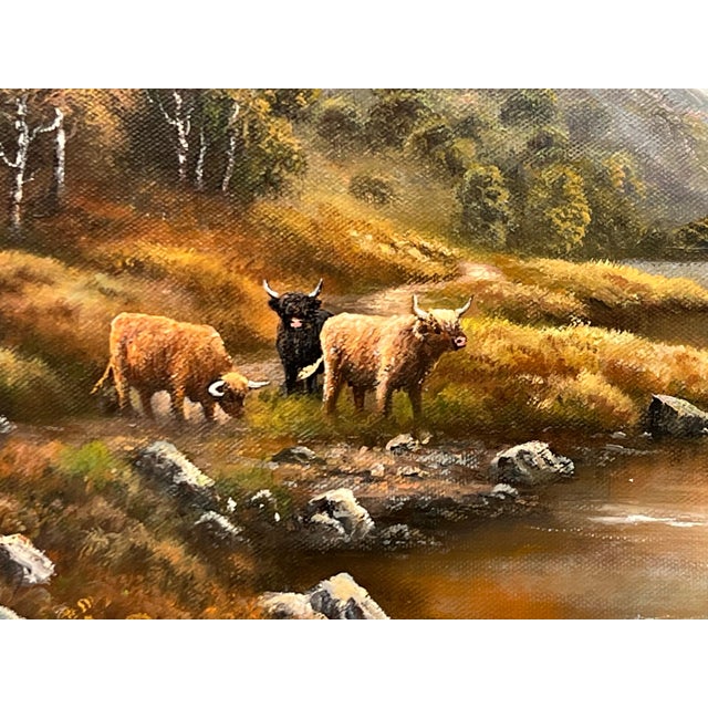 River Landscape with Highland Cows & Sheep in the Scottish Mountains 1985 Circa For Sale - Image 6 of 16