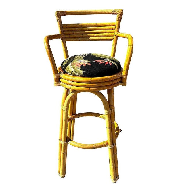 Mid-Century Modern Restored 2-Strand Arch Base Rattan Bar Stools W/ Armrest, Set of 3 For Sale - Image 3 of 6