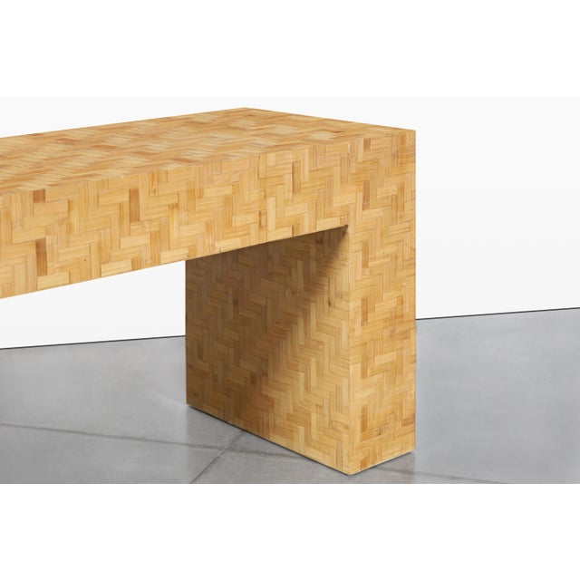 Saffron Vintage Postmodern Bamboo Parquet Waterfall Console Table For Sale - Image 8 of 13