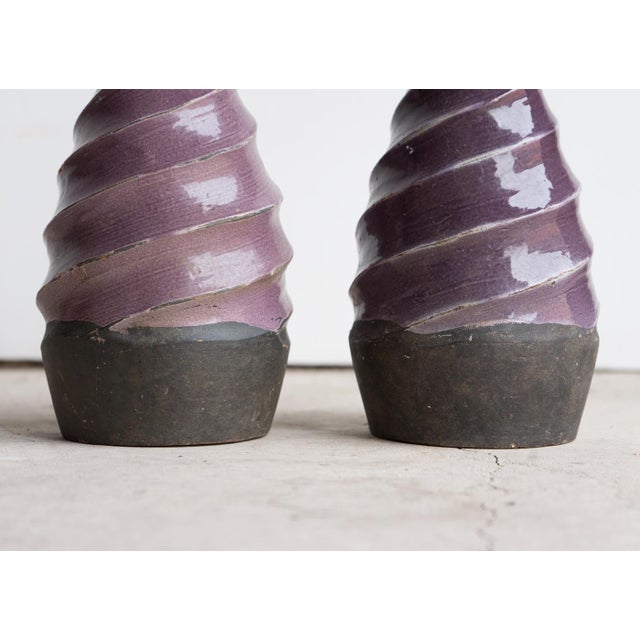 Pair of Vintage Twisted Violet Glazed Terracotta Pottery Vases, Mid 20th Century For Sale - Image 11 of 13