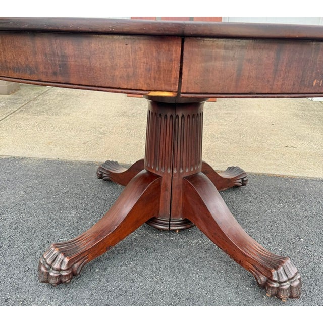 Antique 54" Round Mahogany Pedestal Base Dining Table With 4 Leaves For Sale - Image 16 of 16