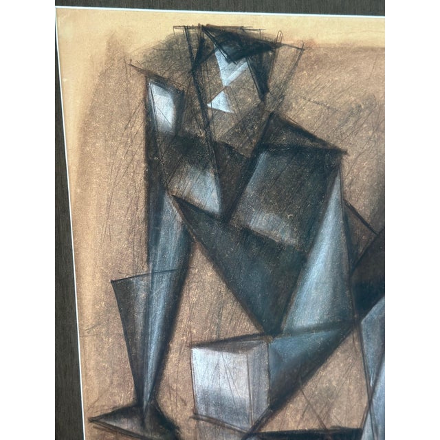 An elegant mid-century pastel on paper, circa 1950s, depicting an abstracted seated figure rendered in soft, gestural...