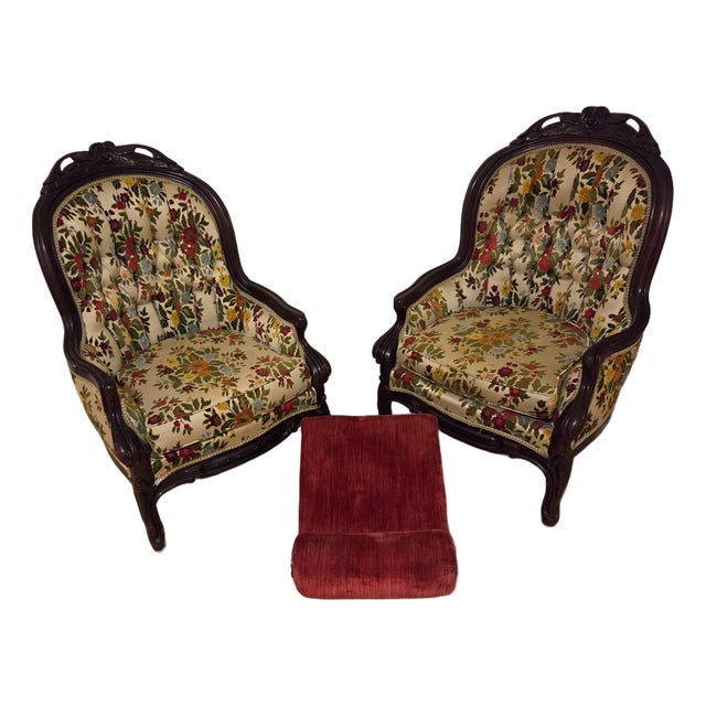 Antique Victorian Chairs With Foot Stool For Sale