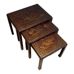 Lacquered Nesting Tables With Chinese Scenes Circa 1940 - Set of 3