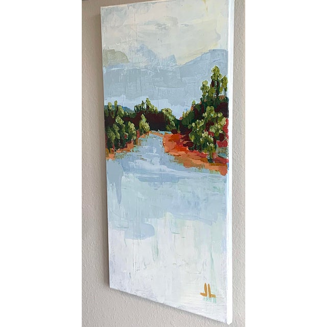 Acrylic on canvas Abstract Landscape Mostly white and light blue. Deep orange and bright greens. Deep burgundy in shadows....