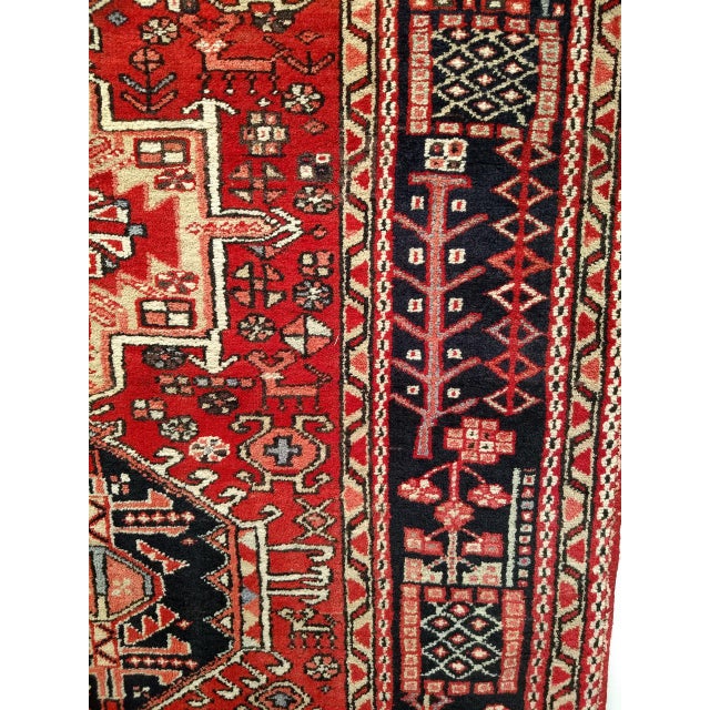 Antique Persian Heriz Karajeh Runner, Hand-Knotted Wool, Geometric Medallion Pattern, Red & Navy, 4x14 For Sale - Image 14 of 18