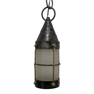 Vintage Industrial Style Hammered Metal & Frosted Glass Pendant Lantern For Sale