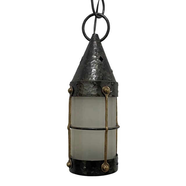 Vintage Industrial Style Hammered Metal & Frosted Glass Pendant Lantern For Sale