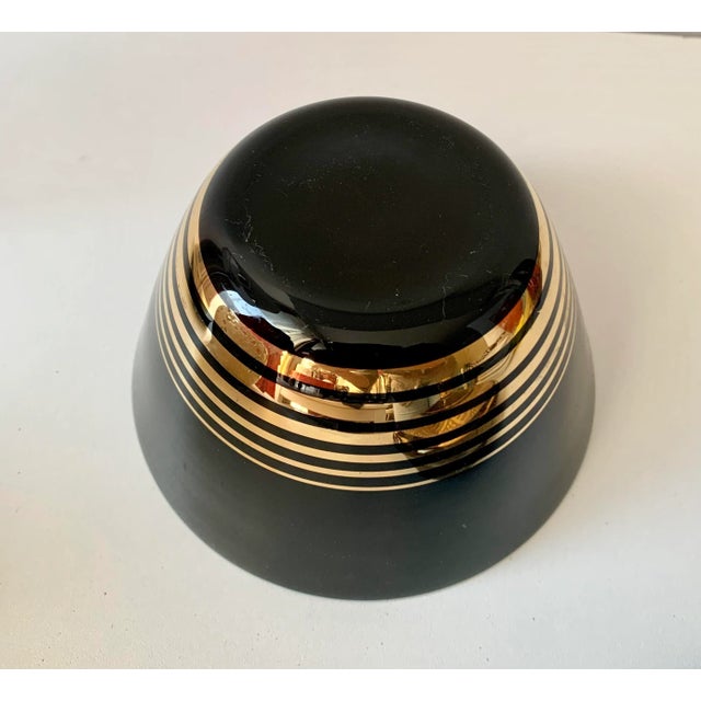 Vintage Art Deco Black Glass Covered Dish With Gold Encrastation For Sale - Image 4 of 9